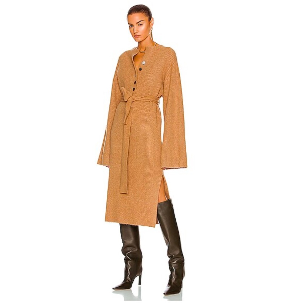 MARISSA WEBB ARIE RIBBED CASHMERE BLEND HENLEY MIDI SWEATER DRESS IN CAMEL
